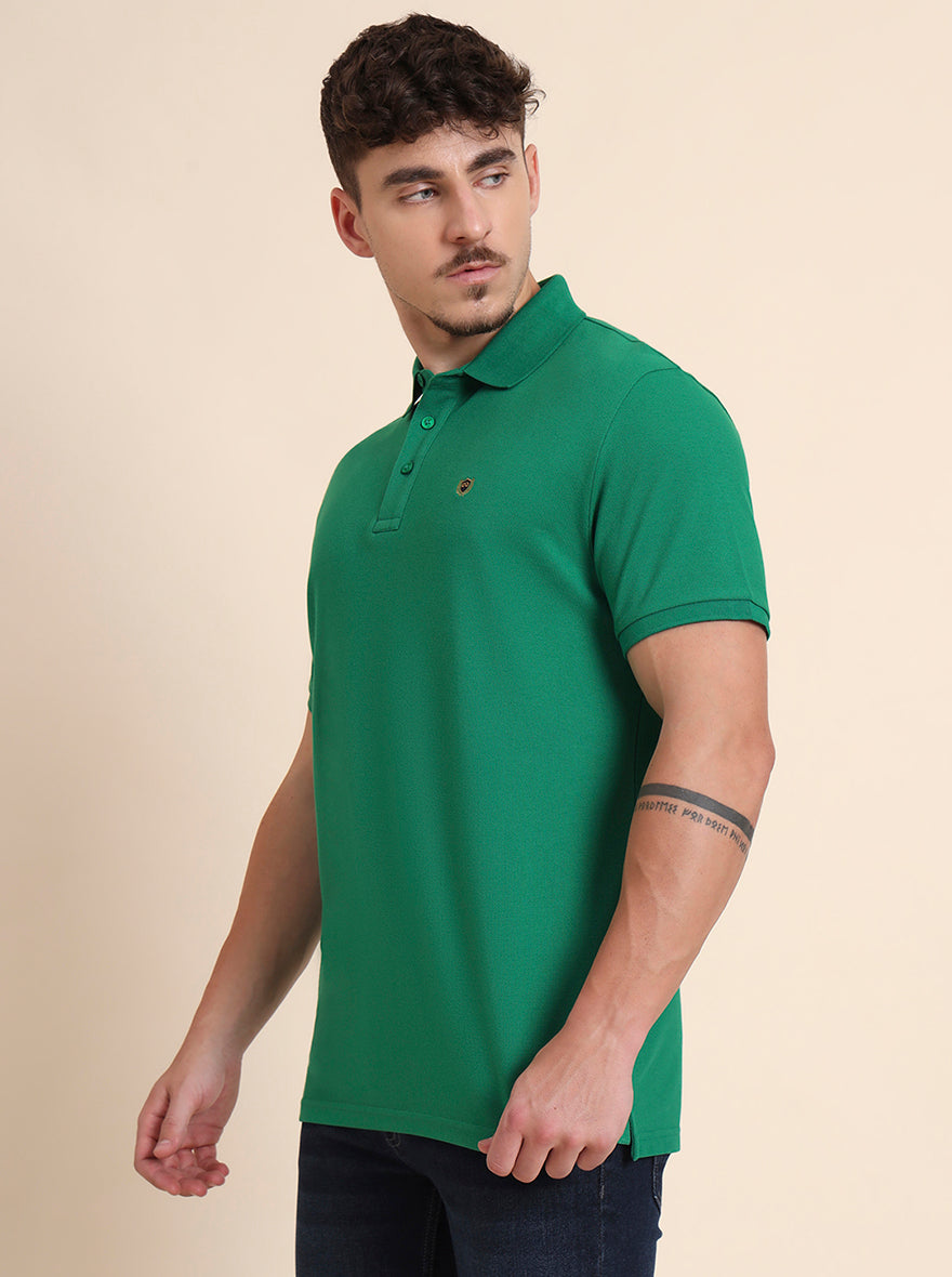 Fern Green Solid Slim Fit Polo T-Shirt | JadeBlue