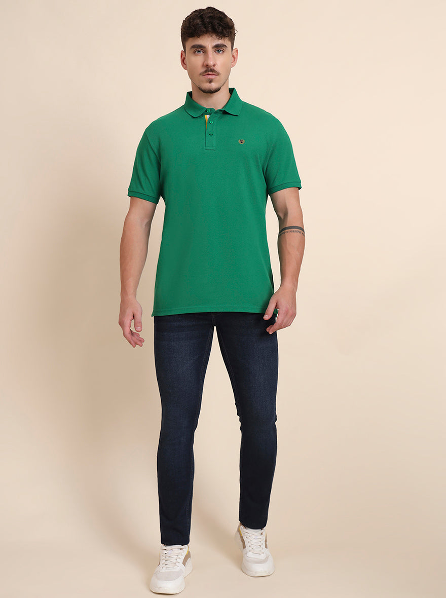 Fern Green Solid Slim Fit Polo T-Shirt | JadeBlue