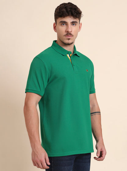 Fern Green Solid Slim Fit Polo T-Shirt | JadeBlue