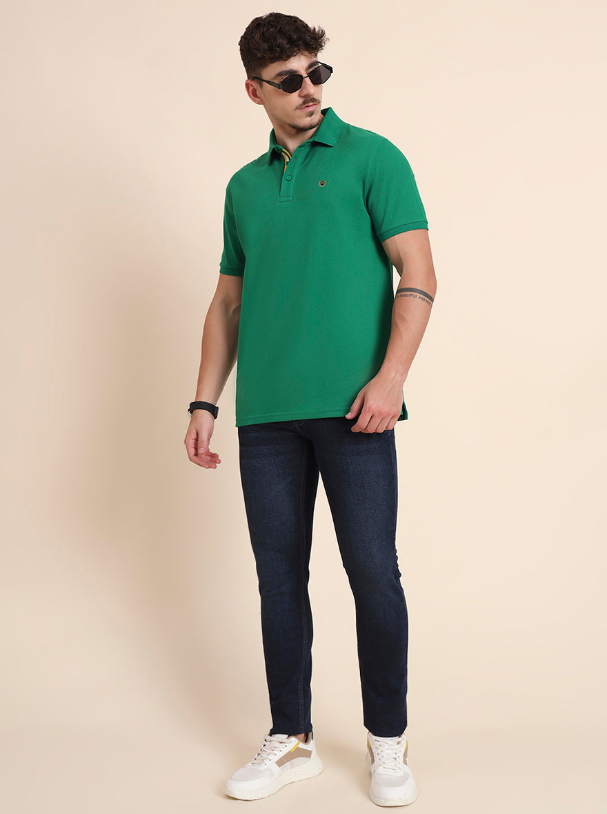 Fern Green Solid Slim Fit Polo T-Shirt | JadeBlue