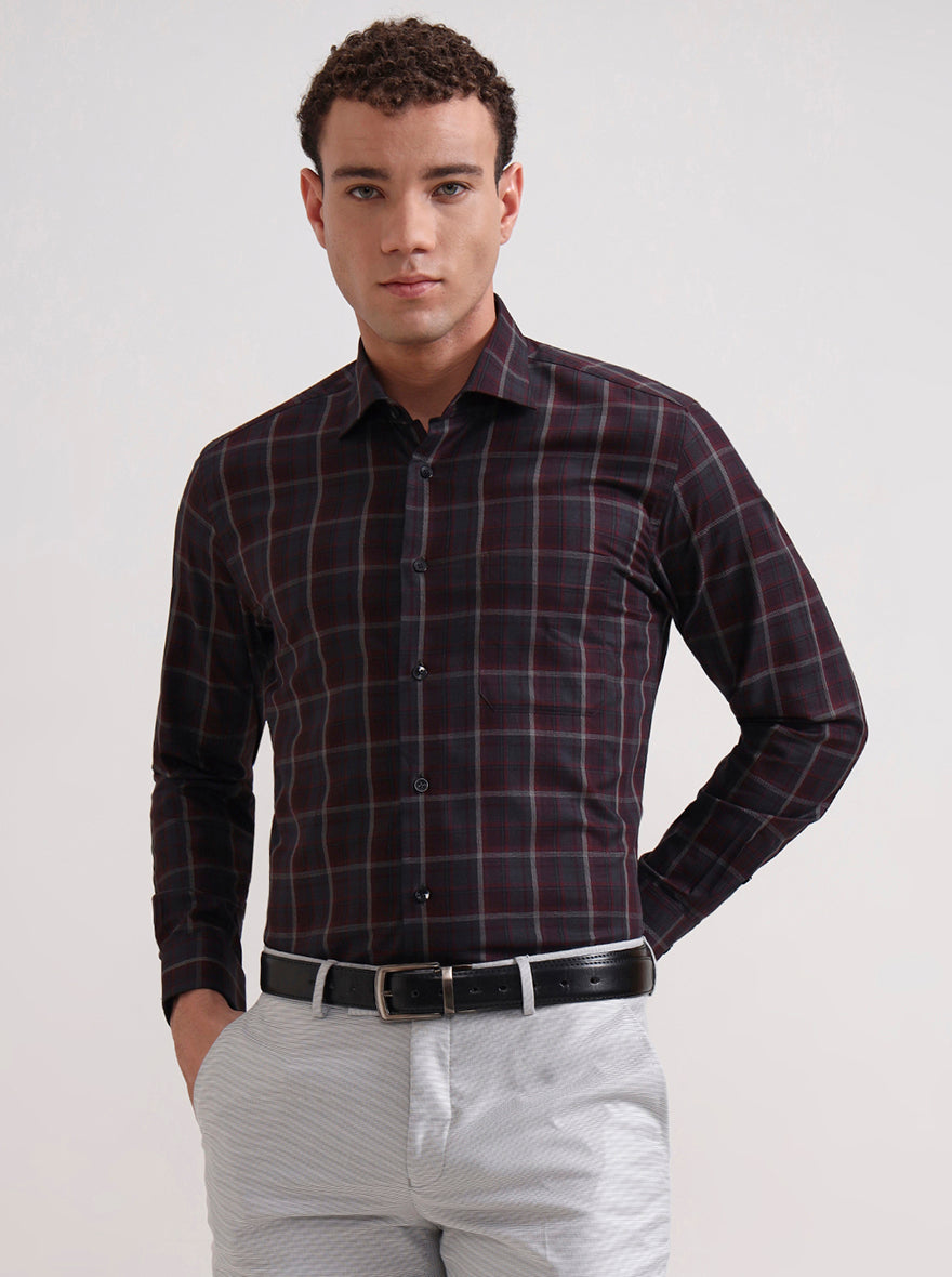 Grey & Maroon Checked Slim Fit Formal Shirt | Metal