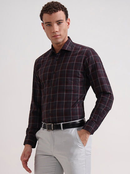 Grey & Maroon Checked Slim Fit Formal Shirt | Metal
