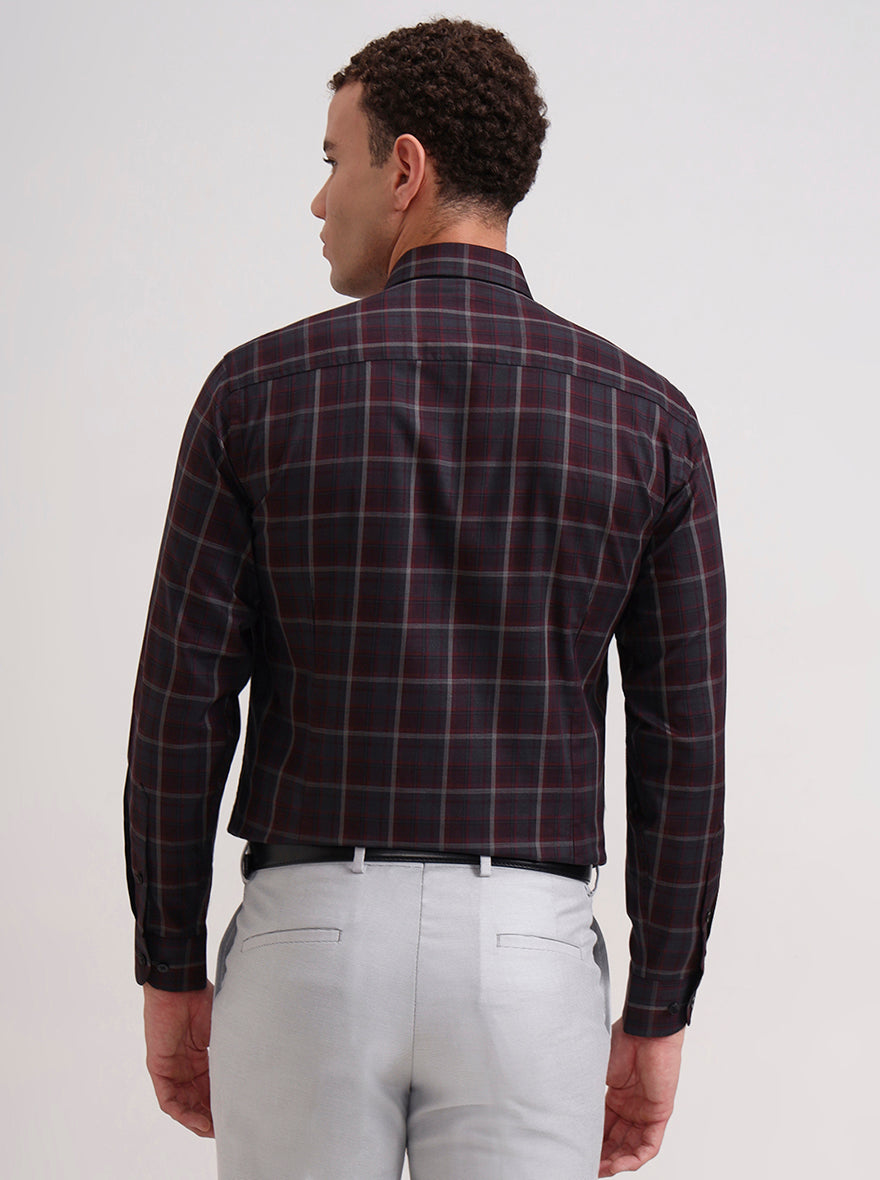 Grey & Maroon Checked Slim Fit Formal Shirt | Metal