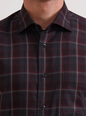 Grey & Maroon Checked Slim Fit Formal Shirt | Metal