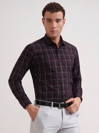 Grey & Maroon Checked Slim Fit Formal Shirt | Metal