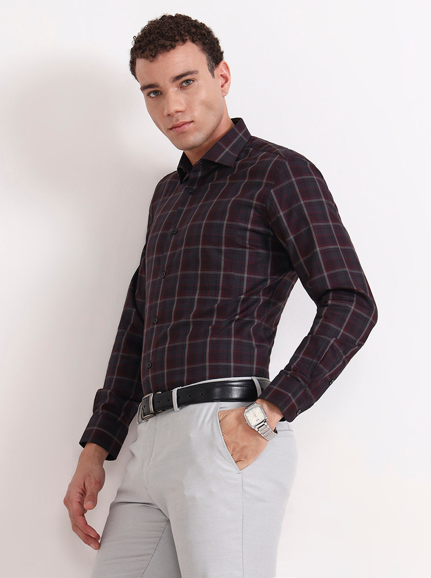 Grey & Maroon Checked Slim Fit Formal Shirt | Metal