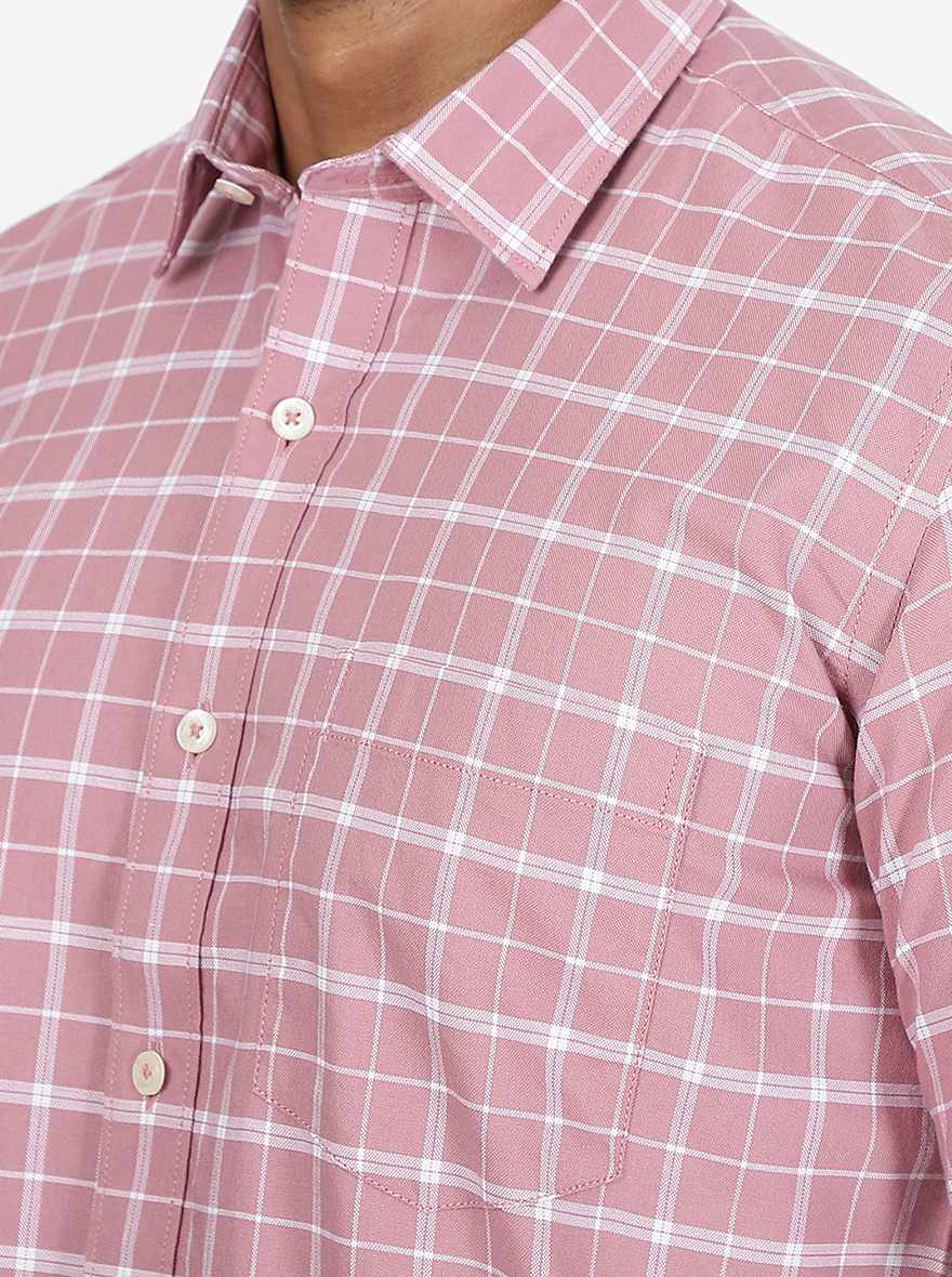 Coral Pink Checked Slim Fit Semi Casual Shirt | JadeBlue