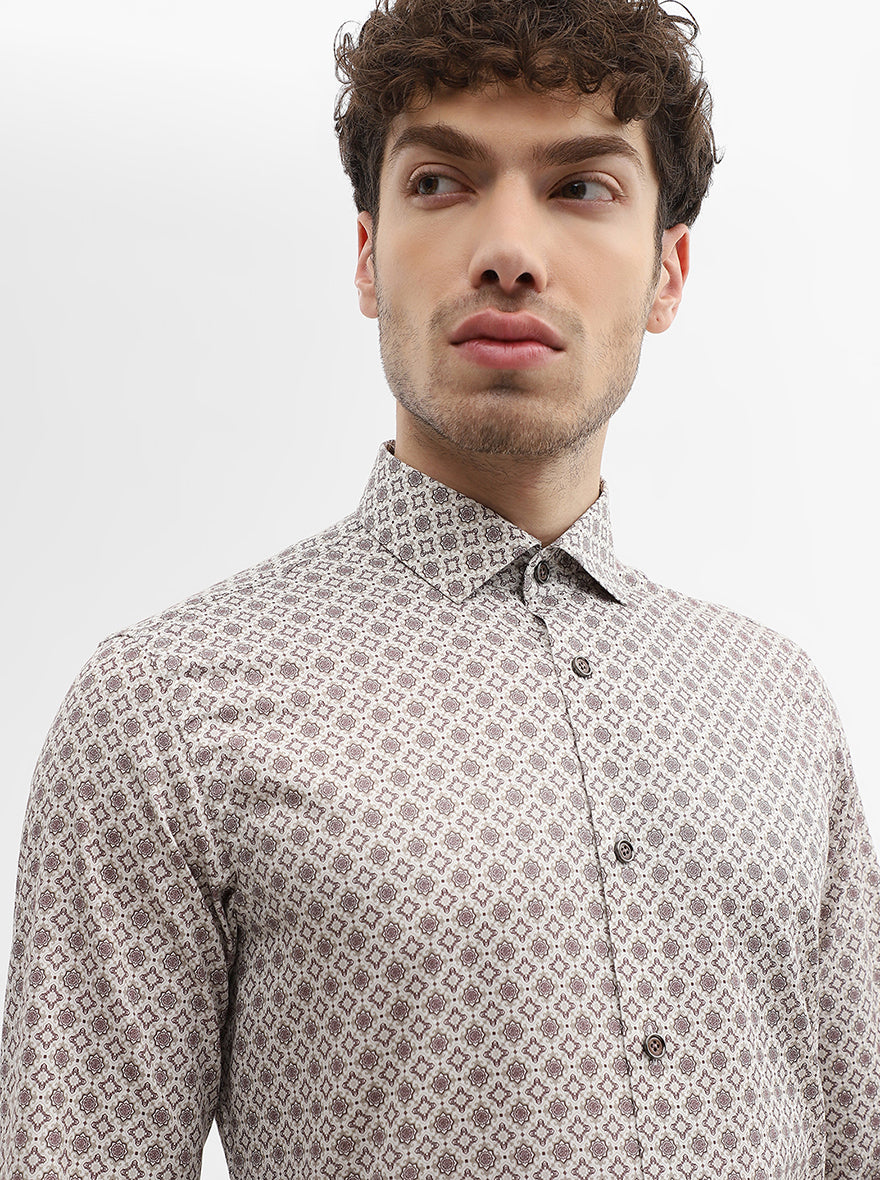 Cream & Maroon Printed Slim Fit Party Wear Shirt | Wyre