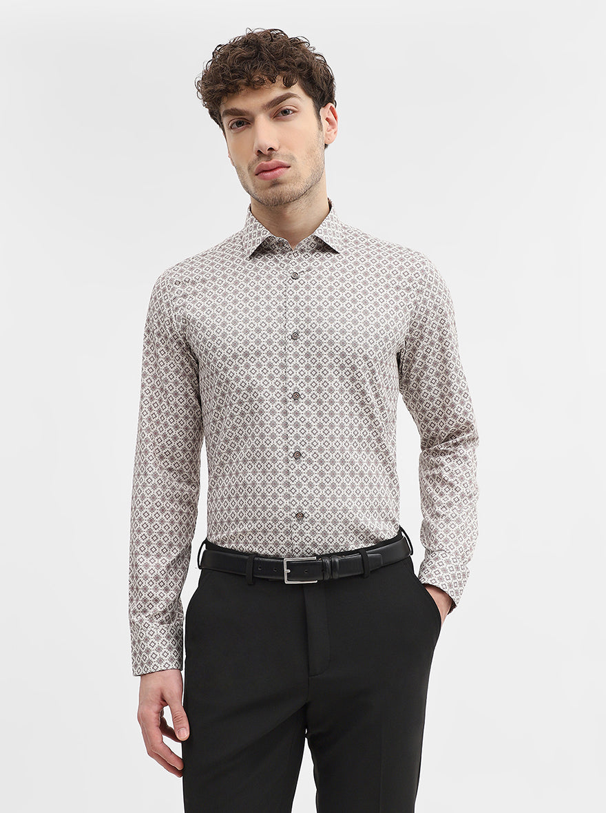 Cream & Maroon Printed Slim Fit Party Wear Shirt | Wyre
