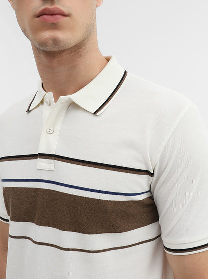 Brown & White Striped Slim Fit Polo T-Shirt | Greenfibre