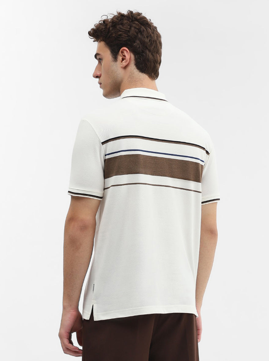 Brown & White Striped Slim Fit Polo T-Shirt | Greenfibre