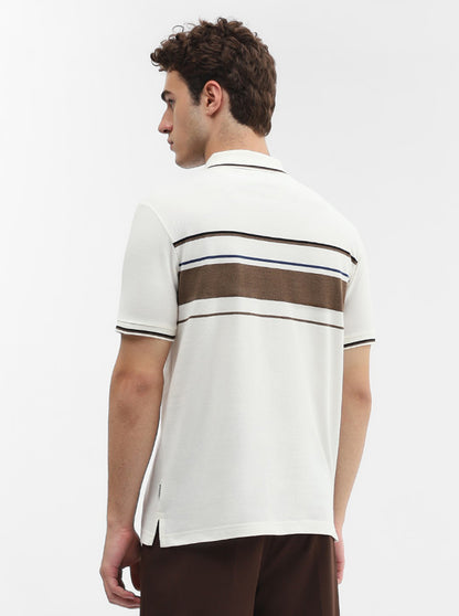 Brown & White Striped Slim Fit Polo T-Shirt | Greenfibre