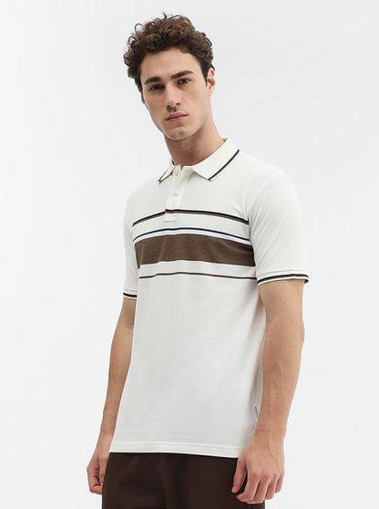 Brown & White Striped Slim Fit Polo T-Shirt | Greenfibre