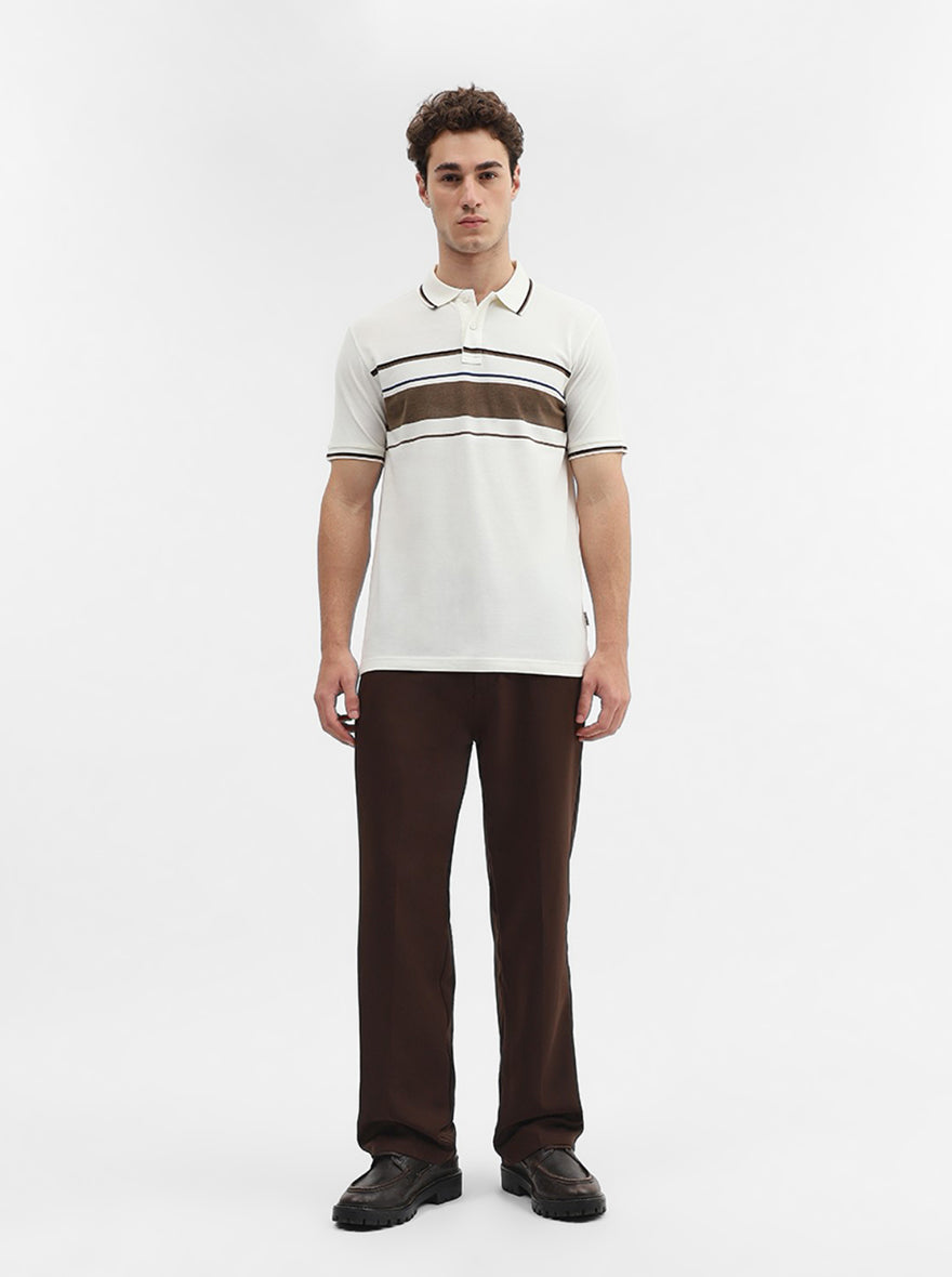 Brown & White Striped Slim Fit Polo T-Shirt | Greenfibre