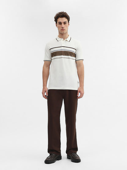 Brown & White Striped Slim Fit Polo T-Shirt | Greenfibre