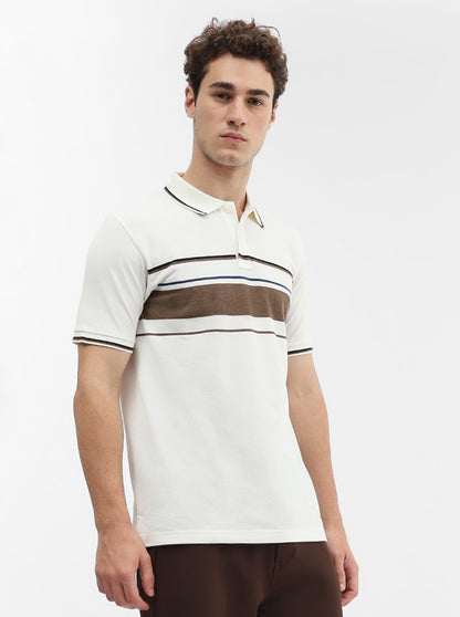 Brown & White Striped Slim Fit Polo T-Shirt | Greenfibre