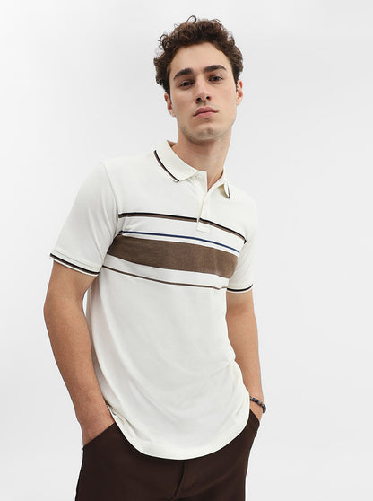Brown & White Striped Slim Fit Polo T-Shirt | Greenfibre