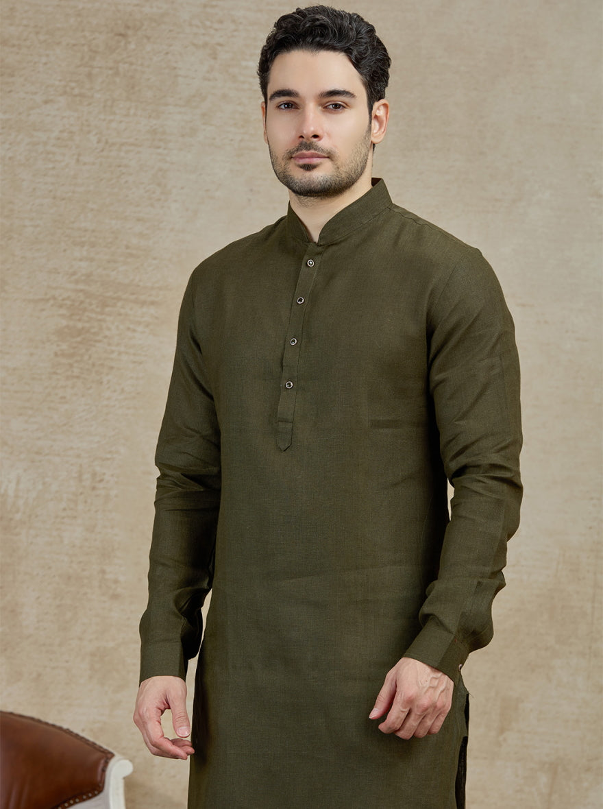 Olive Solid Kurta Pajama | Virasana