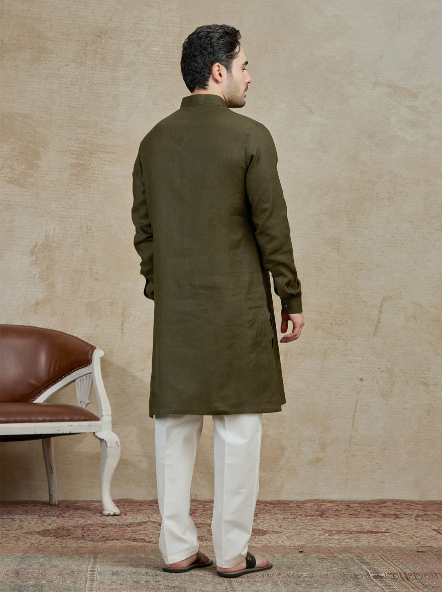 Olive Solid Kurta Pajama | Virasana