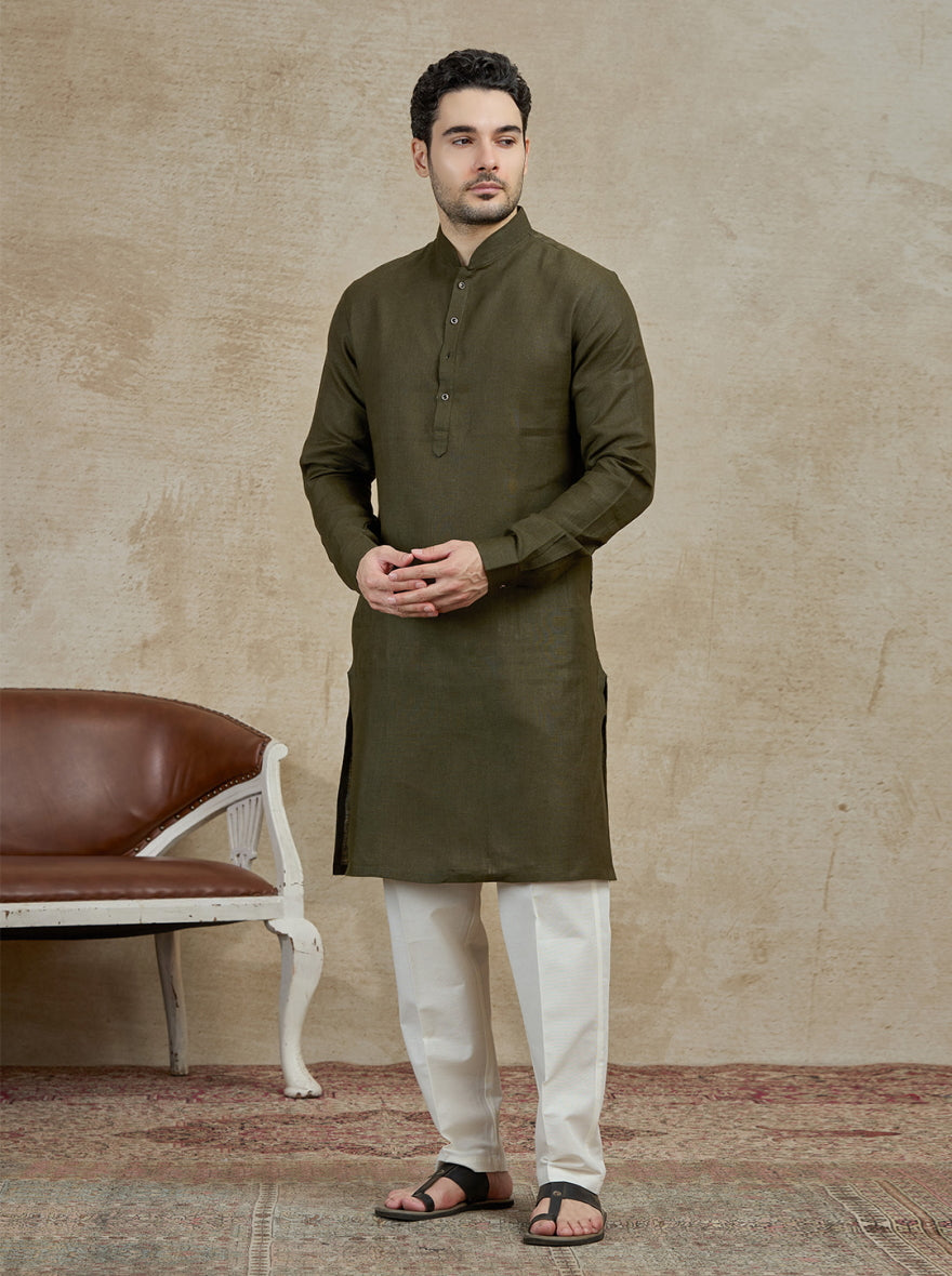 Olive Solid Kurta Pajama | Virasana