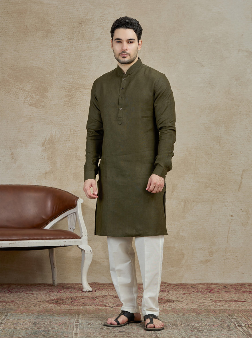 Olive Solid Kurta Pajama | Virasana