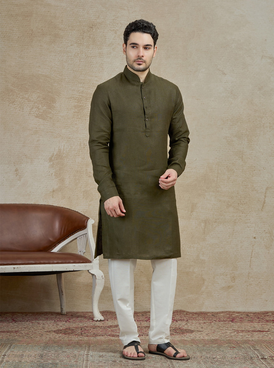 Olive Solid Kurta Pajama | Virasana