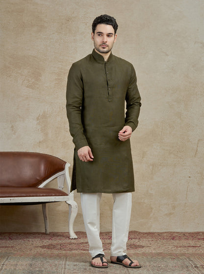Olive Solid Kurta Pajama | Virasana
