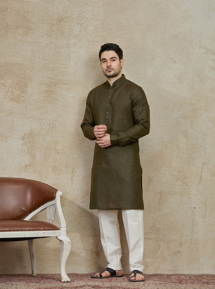 Olive Solid Kurta Pajama | Virasana