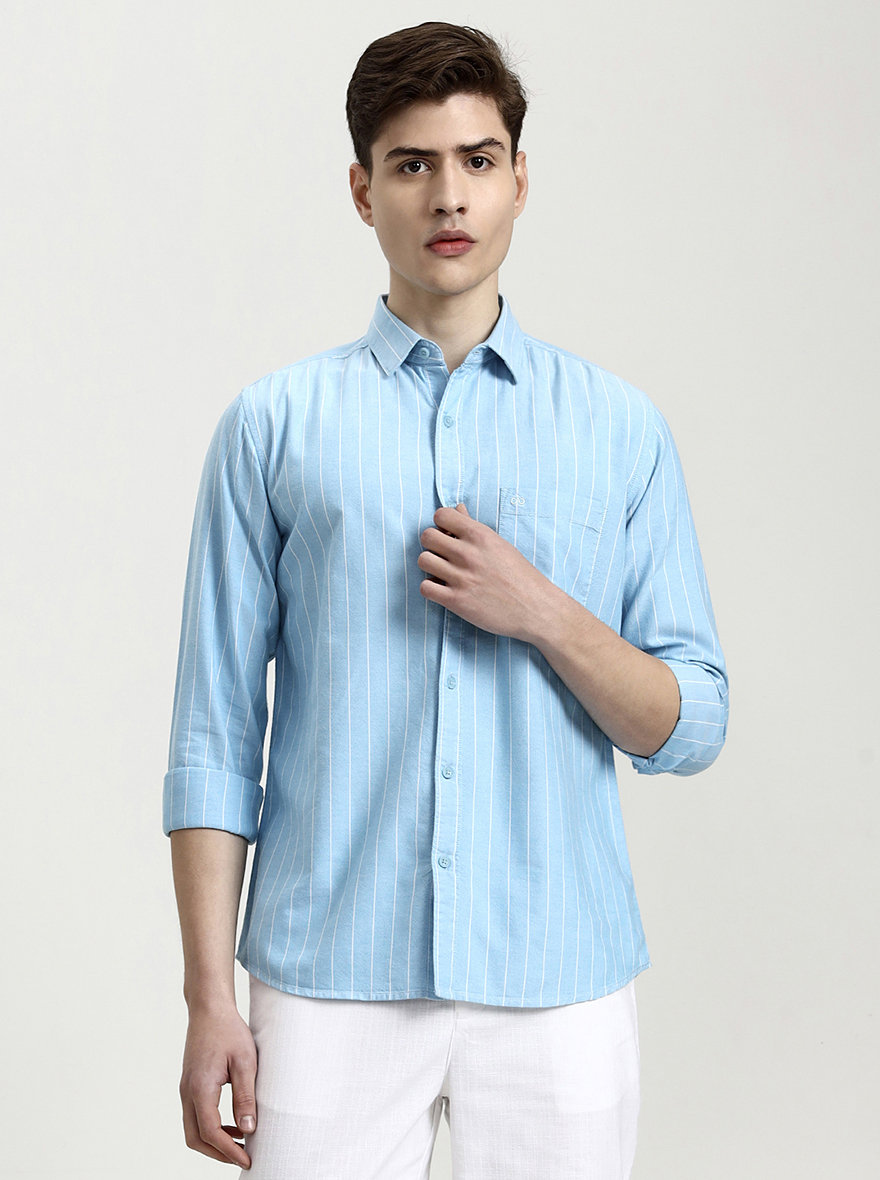 Sky Blue Striped Slim Fit Casual Shirt | JadeBlue