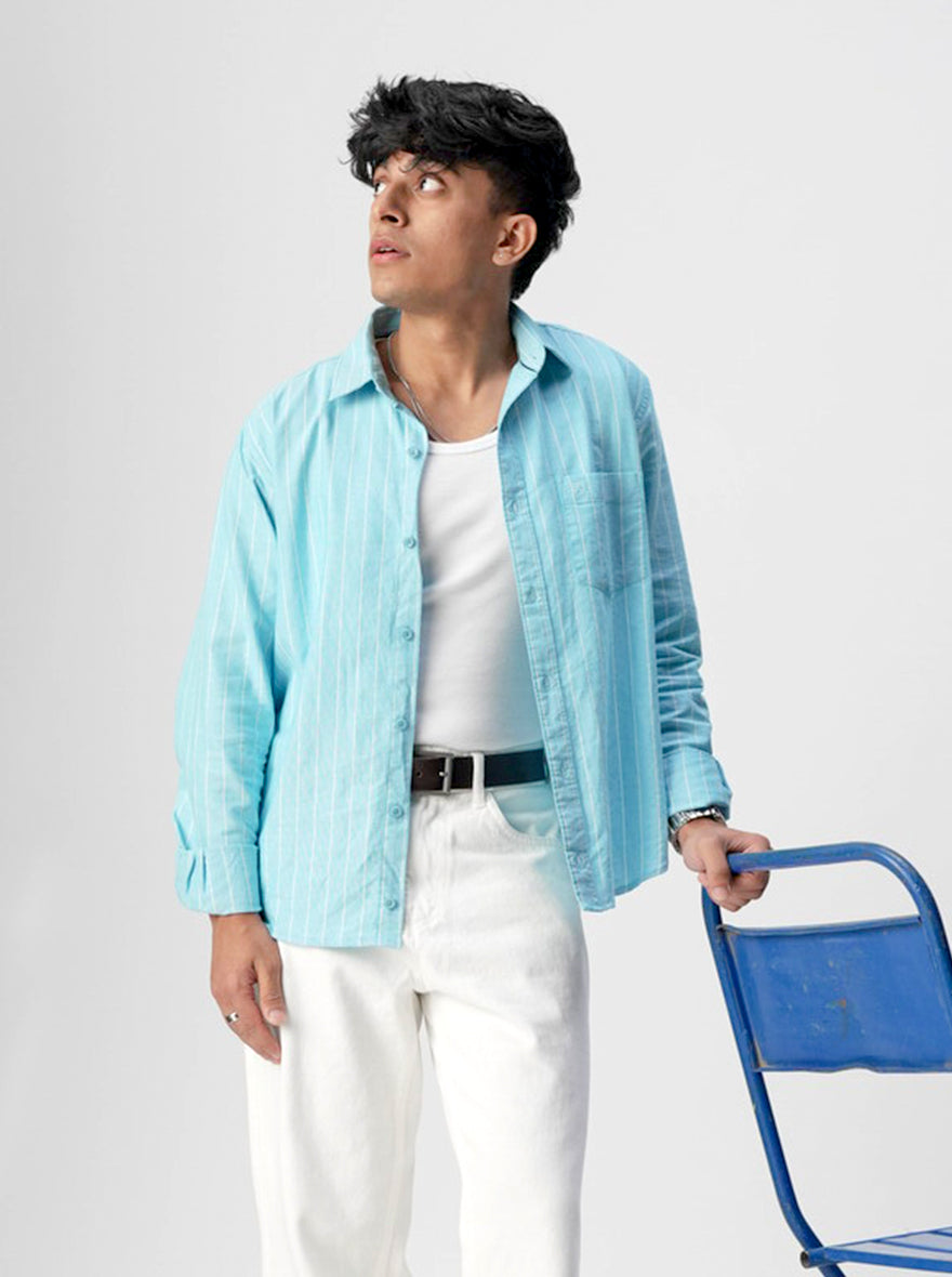 Sky Blue Striped Slim Fit Casual Shirt | JadeBlue