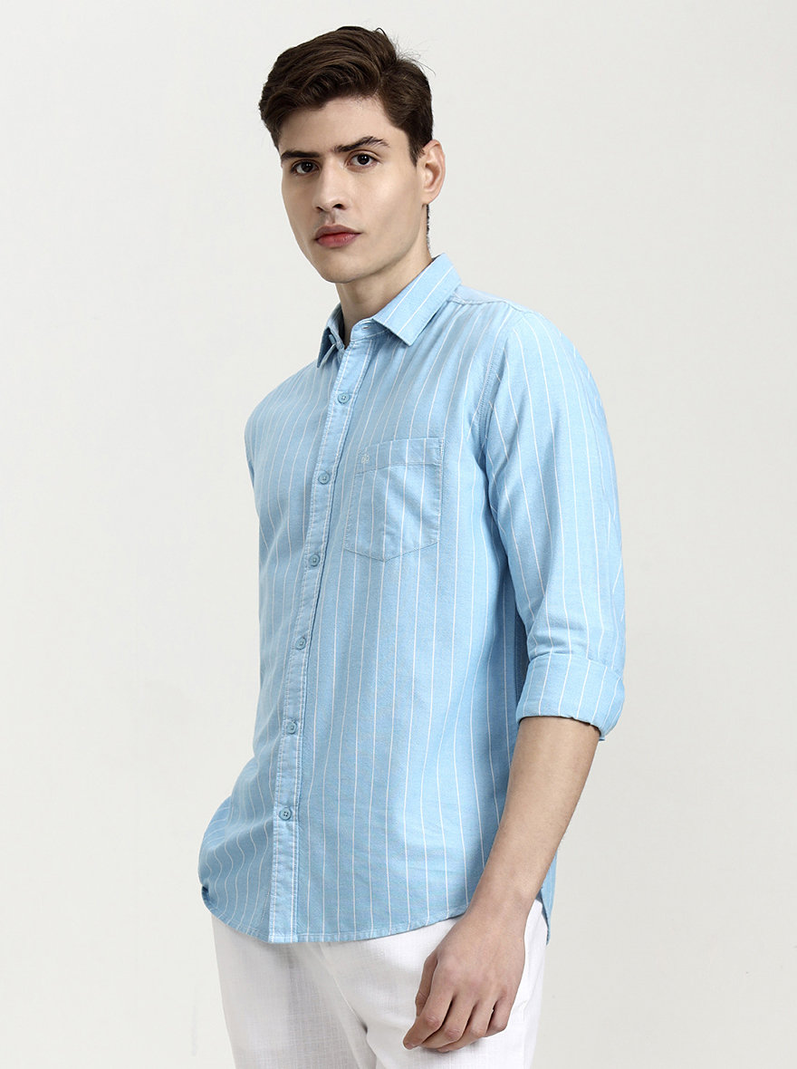 Sky Blue Striped Slim Fit Casual Shirt | JadeBlue