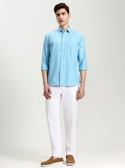 Sky Blue Striped Slim Fit Casual Shirt | JadeBlue