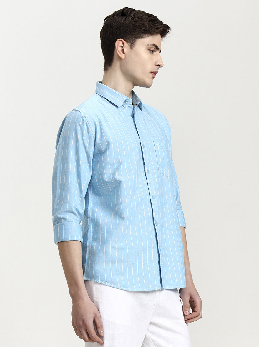 Sky Blue Striped Slim Fit Casual Shirt | JadeBlue