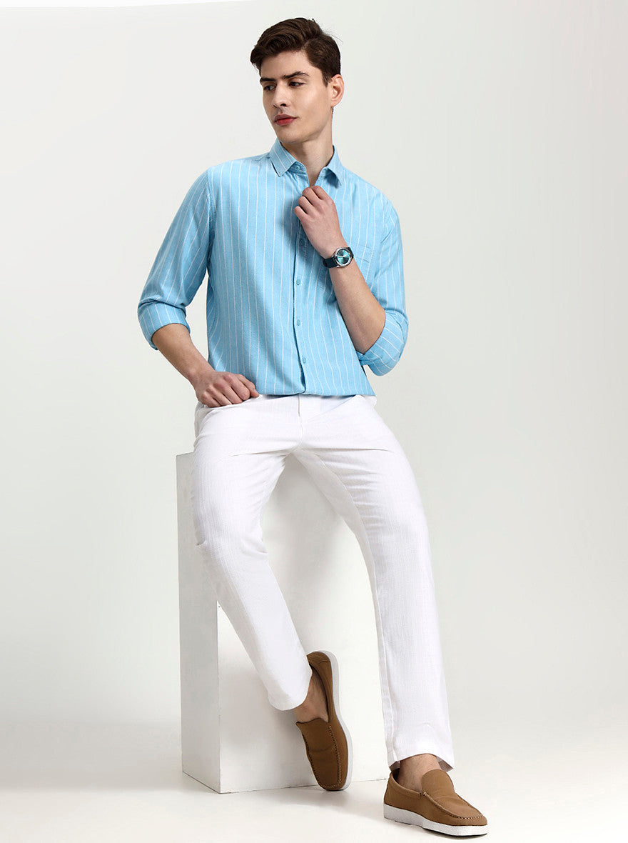Sky Blue Striped Slim Fit Casual Shirt | JadeBlue