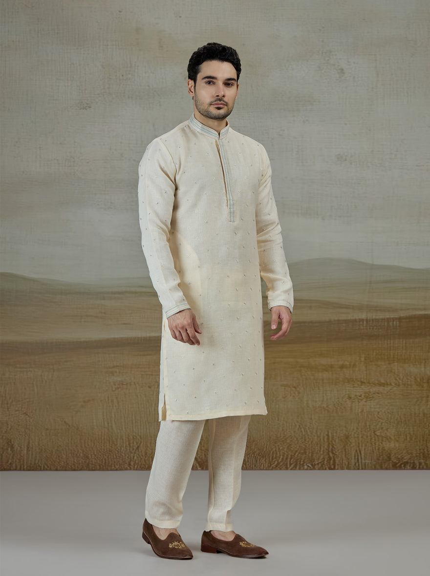 Peach & Cream Embroidered Kurta Pajama | Virasana