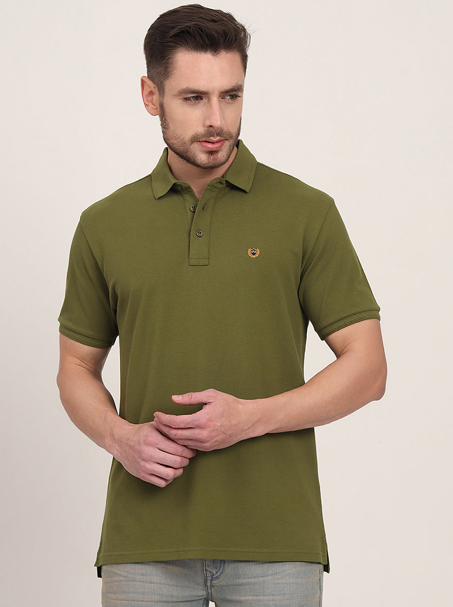 Olive Solid Slim Fit Polo T-Shirt | JadeBlue