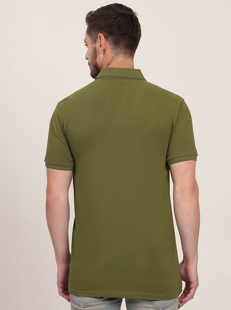 Olive Solid Slim Fit Polo T-Shirt | JadeBlue