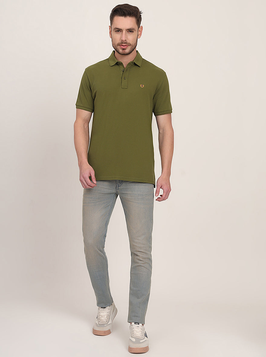 Olive Solid Slim Fit Polo T-Shirt | JadeBlue