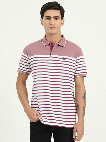 White & Mauve Striped Slim Fit Polo T-Shirt | Greenfibre