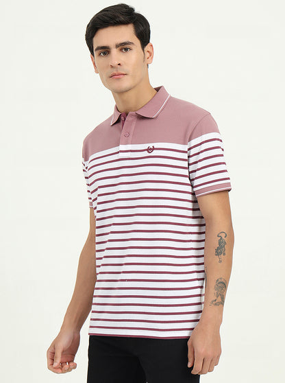 White & Mauve Striped Slim Fit Polo T-Shirt | Greenfibre