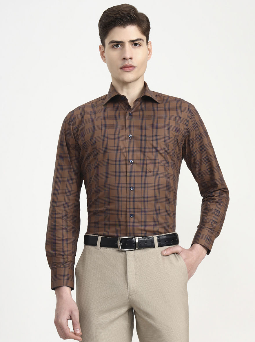 Brown & Blue Checked Slim Fit Formal Shirt | Metal
