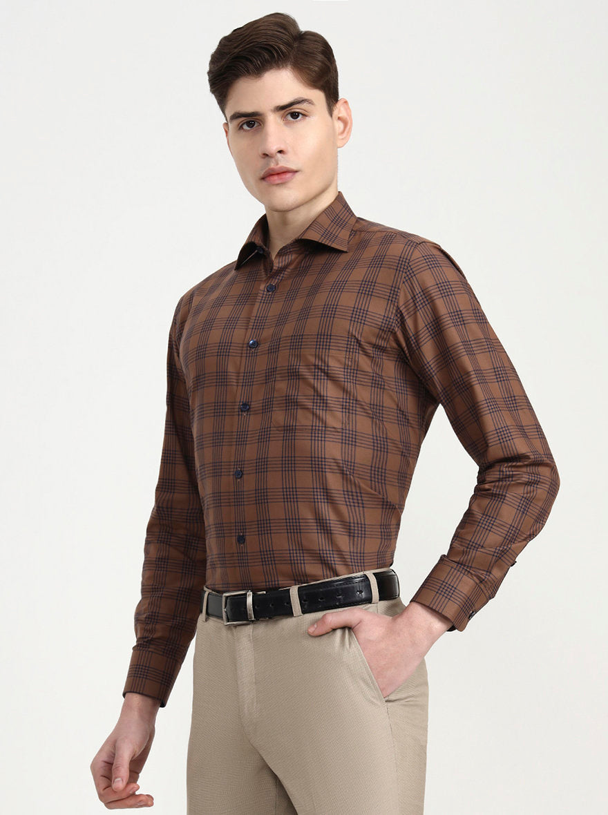 Brown & Blue Checked Slim Fit Formal Shirt | Metal