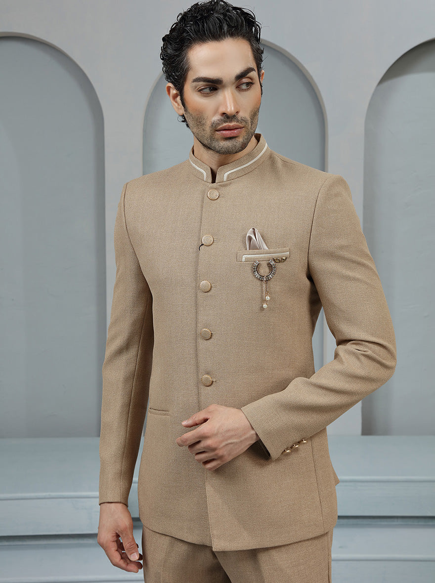Khaki Self Textured Jodhpuri Suit | JadeBlue
