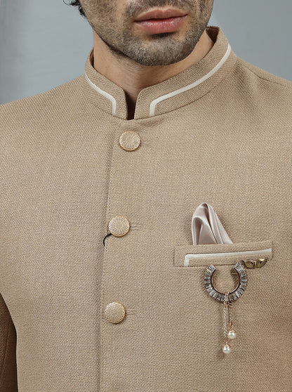 Khaki Self Textured Jodhpuri Suit | JadeBlue
