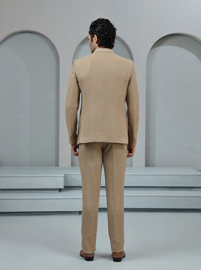 Khaki Self Textured Jodhpuri Suit | JadeBlue