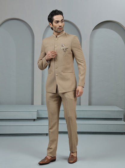 Khaki Self Textured Jodhpuri Suit | JadeBlue