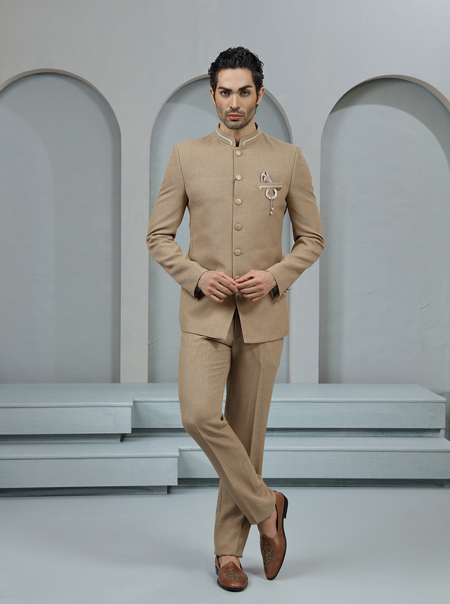 Khaki Self Textured Jodhpuri Suit | JadeBlue