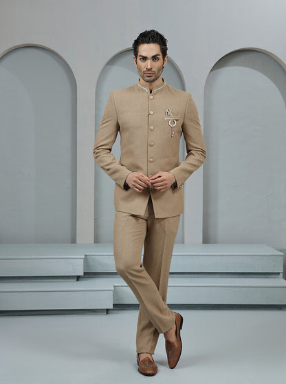 Khaki Self Textured Jodhpuri Suit | JadeBlue