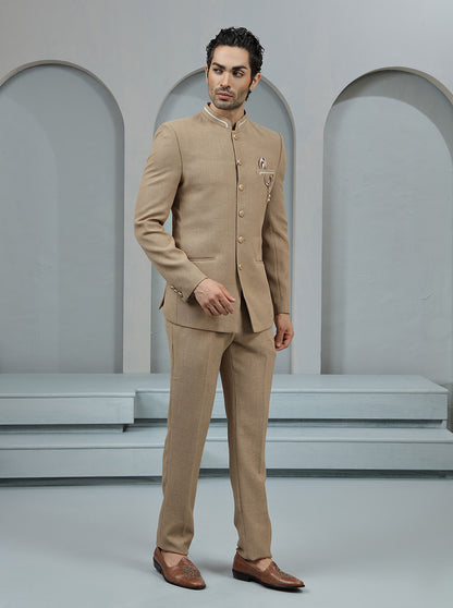 Khaki Self Textured Jodhpuri Suit | JadeBlue