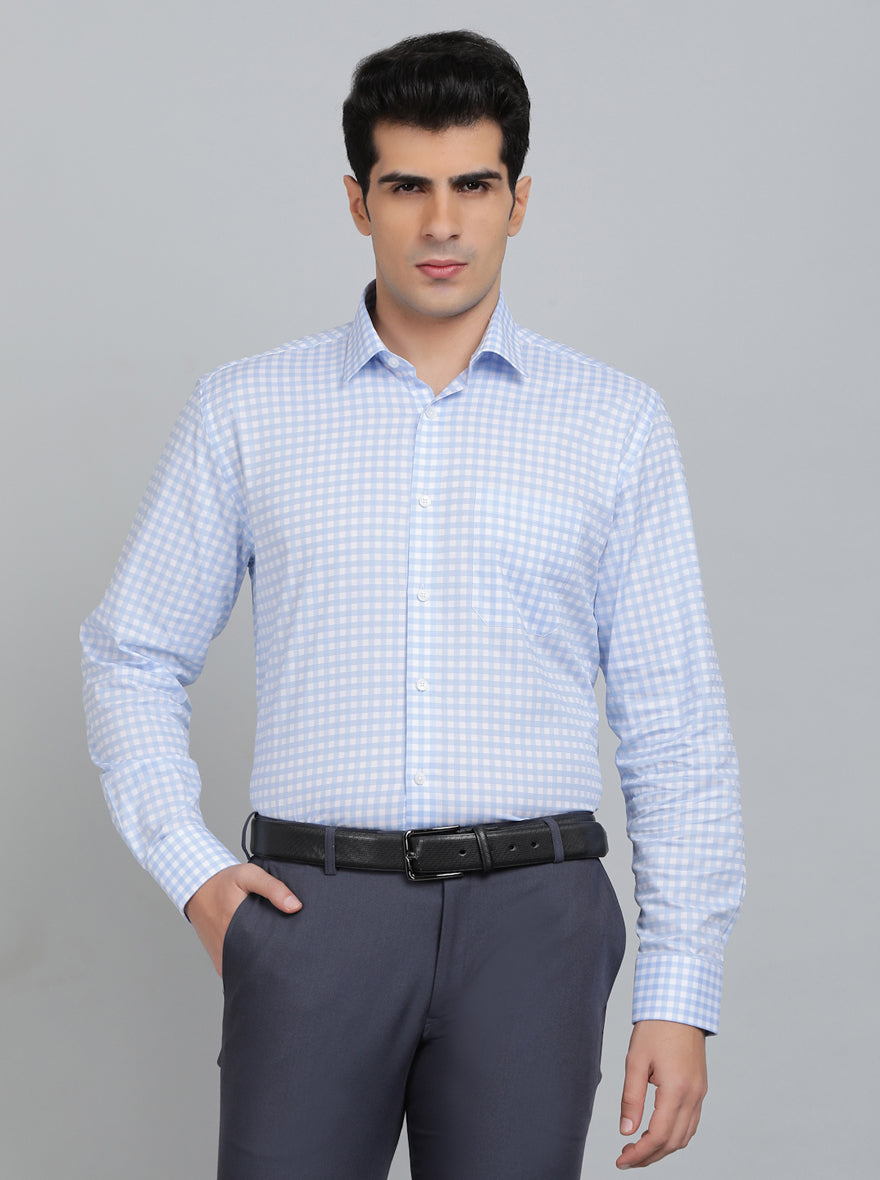 Light Blue Checked Regular Fit Formal Shirt | JadeBlue